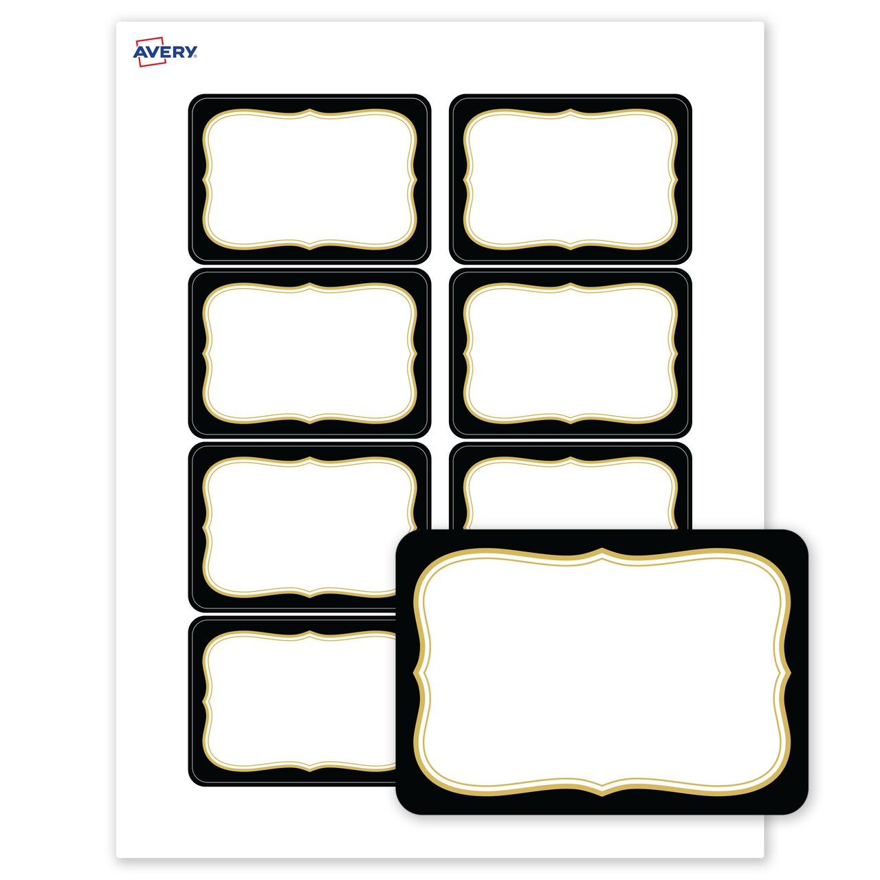 Avery® Printable Adhesive Name Badges, 2-1/3" x 3-3/8", Pre-printed Black Border with Metallic Gold Flourish Design, Matte White, Laser & Inkjet Compatible, 80 Total